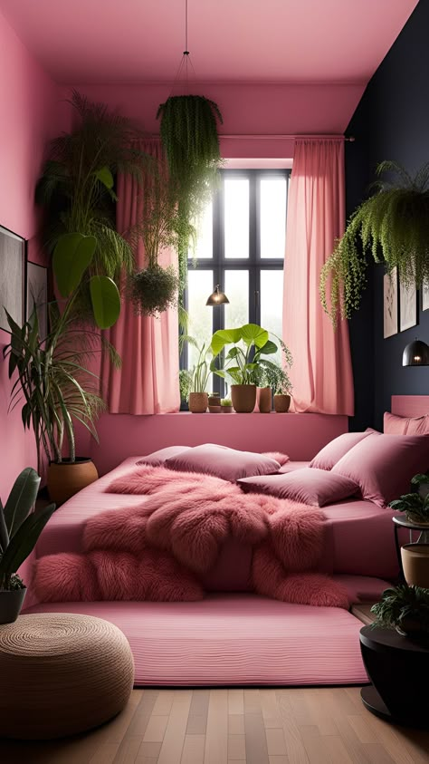 Pink Wall Interior Design, Pink And Green Velvet Bedroom, Pink Monochromatic Bedroom, Pink And Teal Bedroom Decor, Monochromatic Pink Bedroom, Pink Green Aesthetic Bedroom, Pink And Green Maximalist Bedroom, Bubblegum Pink Bedroom, Hot Pink And Green Bedroom