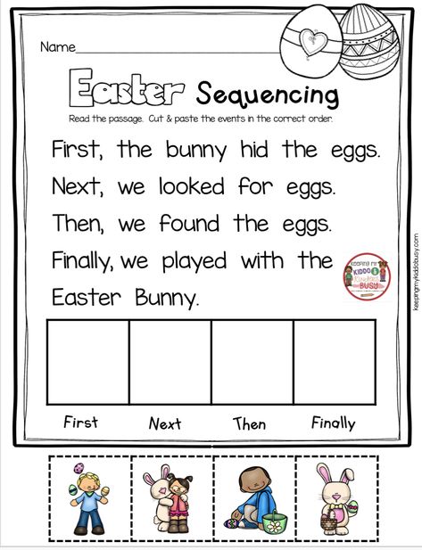 EASTER Sequencing Worksheets for kindergarten - FREE printables for April in math - reading and writing for pre-k - first grade - reading passages with comprehension questions - sight words - phonics - math - numbers and counting - addition and subtraction all with chicks - the Easter bunny - spring flowers and more FREEBIES #kindergarten #kindergartenmath #kindergartenreading #easter #spring Kindergarten Sequencing Worksheets, Sequencing Kindergarten, Sequence Worksheet, Story Sequencing Worksheets, Kindergarten Easter, Free Kindergarten Printables, Easter Kindergarten, Easter Worksheets, Sequencing Worksheets