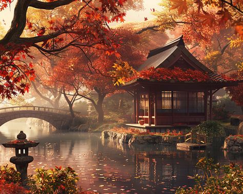 Serene Japanese Garden in Autumn Japanese Architecture House, Max Hay, Japanese Gazebo, Japanese Environment, Chinese Autumn, Round Gazebo, Art Genres, Japanese Autumn, Arched Bridge