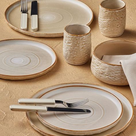 SERVICE FOR 4 - Beautify your table setting with this standout round and textured dinner dish set. The stoneware set service for 4 includes wide salad plates (8.6-inch), dinner plates (10.6-inch), bowls (29 fl.oz) and cups (11 fl.oz). UNIQUE ARTISTIC PIECE - The organic shapes, tactile cues, and hand carved inspirational notes are all evidence of human touch, and illustrate the artistic process. Elevate your dining experience with family and friends with these original pieces. #AD Modern Dishware, Dishware Sets, Plates And Bowls Set, Stoneware Dinnerware Sets, Buffet Display, Kids Vanity, Stoneware Dinnerware, Notes Inspiration, Reactive Glaze