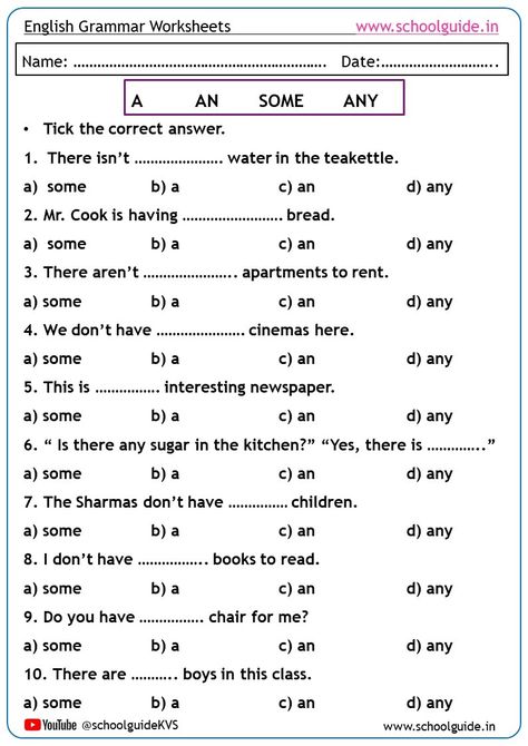 Free Printable A, An, Some, Any WOrksheets | Free English Grammar Printable Worksheets | Determiners Worksheets | School Guide Any Some Worksheet, Some And Any Worksheets, A An Some Any Worksheet, Determiners Grammar Worksheets, A An The Articles Worksheets, Determiners Worksheets, Some Any Worksheet, A An Worksheet, Macbeth Lessons