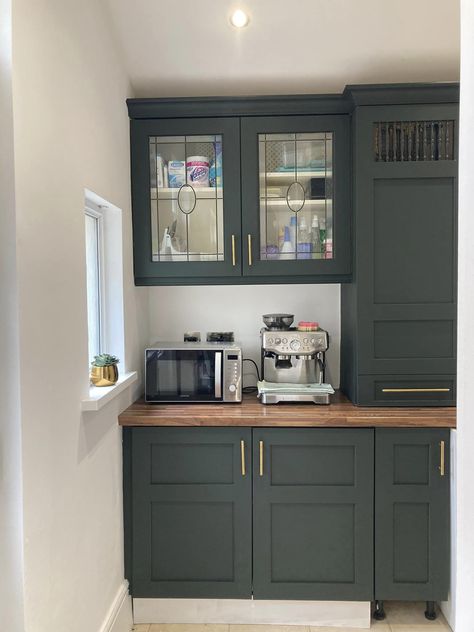 Rustoleum After Dinner, Dark Green Kitchen Units, Dark Green Kitchen Wood Worktop, Rust Oleum Kitchen Cupboard Paint, Dark Green Kitchen Brass Handles, Rustoleum Cabinet Transformation Mosnight Blue, Cottage School, Rustoleum Cabinet Transformation, Rustoleum Cabinet