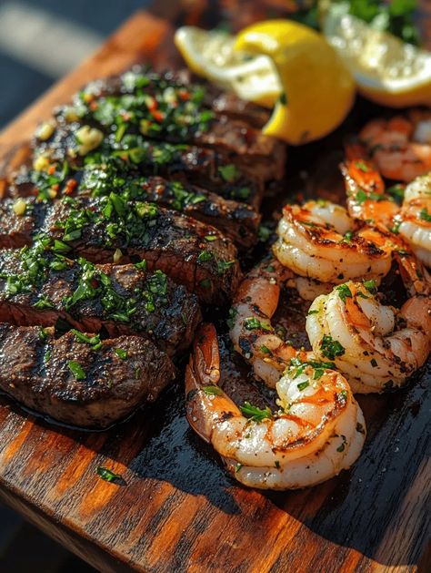 Imagine a plate that brings together the best of both worlds - tender, juicy ribeye steaks and succulent shrimp, all drizzled with a vibrant chimichurri sauce that bursts with fresh flavors. This Surf & Turf Delight is not just a meal; it’s an experience! Perfect for special occasions or a treat-yourself dinner, this dish has become a go-to for those who want to impress without spending hours in the kitchen. Steak Surf And Turf, Fancy Surf And Turf Dinner, Surf And Turf Aesthetic, Shrimp With Chimichurri Sauce, Surf And Turf Wedding Dinner, Surf And Turf Recipes Shrimp, Surf & Turf, Surf And Turf Sauce, Steak And Shrimp Recipes