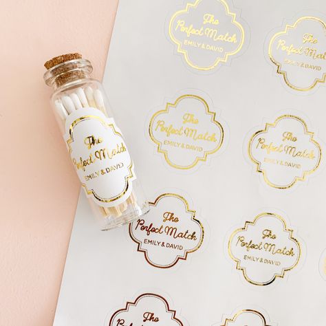 "The Perfect Match" Bottles (set of 10) Matches Wedding, Wedding Matches Favors, Match Bottle, Forever Wedding, Personalized Matches, Wedding Bottles, Budget Friendly Wedding, Foil Label, Some Assembly Required