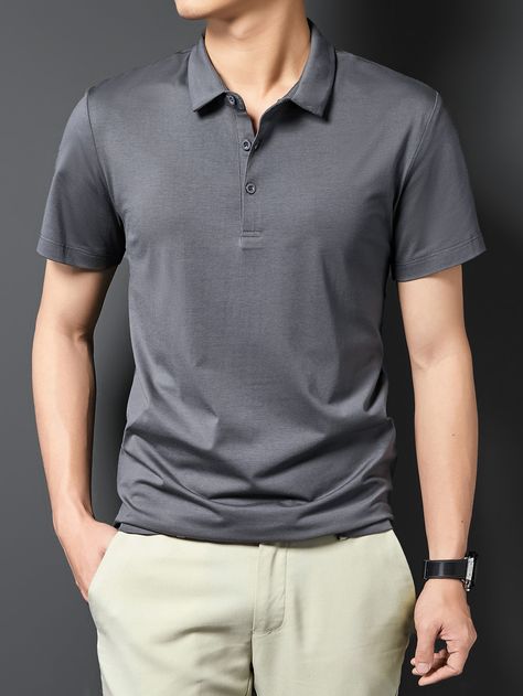 Dark Grey Basics  Short Sleeve Cotton Blends Plain   High Stretch Summer Men Tops Dark Gray Polo Outfit Men, Gray Polo Outfit Men, Grey Polo Shirt Outfit Men Casual, Grey Polo Outfit Men, Polo Outfit Ideas, Gray Shirt Outfit, Polo Shirt Outfit Men, Polo Outfit Men, Grey Polo Shirt