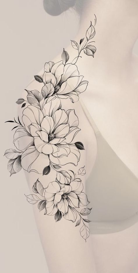 Women Arm Flower Tattoo, Floral Sleeve Stencil, Flowers Sleeve Tattoo Design, Floral Tattoo Add On, Front Arm Tattoos For Women, Modern Floral Tattoo, Floral Shoulder Tattoo Design, Flower Arm Sleeve Tattoos For Women, Illustrative Floral Tattoo