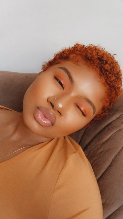 Cinnamon Hair Color On Black Women Short, Copper Twa Natural Hair, Short Curly Ginger Hair Black Women, Ginger Twa Hairstyles, Short 4c Haircut, Short Copper Hair On Black Women, Ginger Short Hair Black Women, Short Ginger Hair Black Women, Ginger Pixie Haircut Black Women