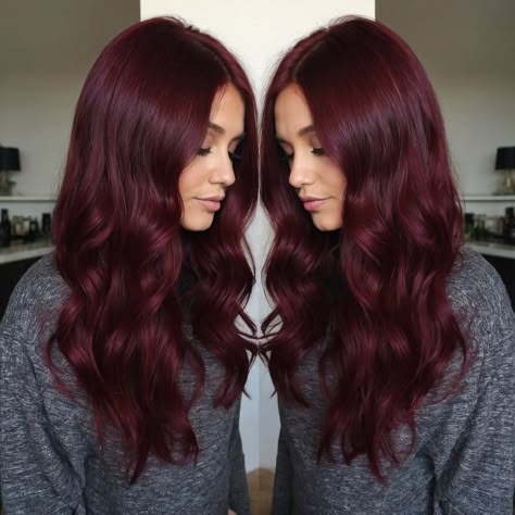 Red Hair Colours Ideas, Fall Burgundy Hair, Red Hair With Red Money Piece, Bordeaux Hair, Burgundy And Purple Hair, Deep Maroon Hair, Witch Hair Color, Violet Red Hair Color, Berry Hair