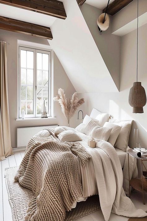 Cozy attic bedroom with neutral colors, exposed beams, and a chunky knit blanket. Modern Cozy Bedroom, Bedroom Chic, Cozy Bedroom Ideas, Bedroom Oasis, Attic Bedroom, Inspiring Spaces, Chic Bedroom, Cozy Bedroom, Neutral Tones