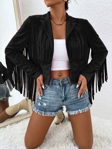 Fringe Trim Open Front Jacket | SHEIN USA Trendy Fringe, Faux Leather Motorcycle Jacket, Lapel Design, Bat Sleeves, Cropped Moto Jacket, Blazer Casual, Looks Country, Plus Size Suits, Versatile Jacket