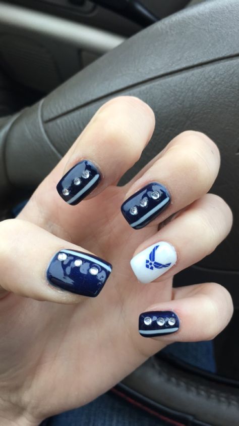 Got these done to support my husband  #airforce #nails Air Force Sister, Airforce Nails Designs Air Force, Airforce Decoration, Air Force Nails Designs, Air Force Nails, Airforce Girlfriend, Military Nails, Air Force Graduation, Good Nails