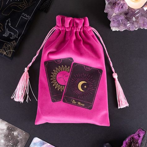 Pink Tarot Cards Drawstring Pouch - Something Different Wholesale Sun And Moon Tarot, Tarot Card Pouch, Gold Illustration, The Moon Tarot Card, The Lovers Tarot Card, The Lovers Tarot, The Moon Tarot, Tarot Bags, Card Pouch