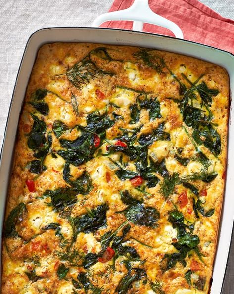 Make-Ahead Baked Greek Omelet | The Kitchn Make Ahead Brunch Recipes, Make Ahead Brunch, Low Carb Casseroles, Egg Casserole, Spinach And Feta, Make Ahead Breakfast, Savory Breakfast, Healthy Smoothie, Breakfast Brunch Recipes