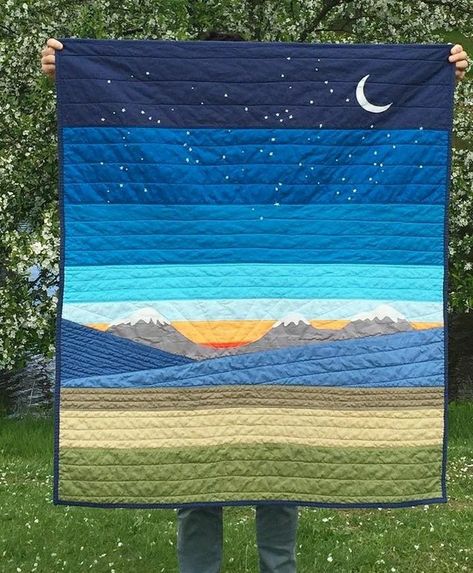 Quilted Landscapes Wall Hangings, Landscape Quilt Patterns Free, Landscape Quilts Ideas, Starry Night Quilt, Mountain Quilt Block, Nature Quilt, Mountain Quilt Pattern, Mountain Quilt, Outdoor Quilt