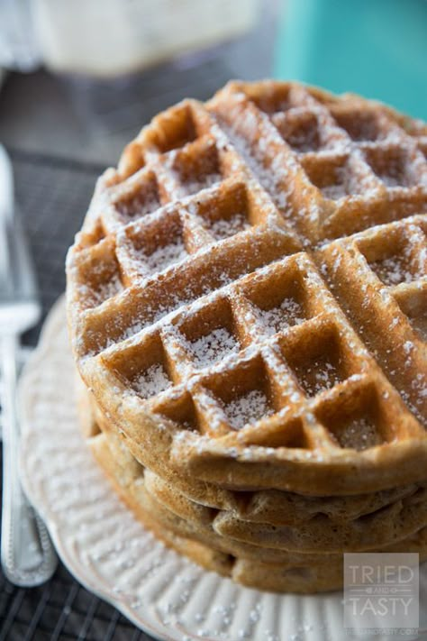 Whole Wheat Greek Yogurt Waffles // Start your morning with a healthy and nutritious breakfast. Made with wholesome ingredients these waffles are a delicious addition to your mornings. Made with Greek yogurt they've got the extra pep you'll need in your step! | Tried and Tasty Light Brunch Ideas, Greek Yogurt Waffles, Healthy Nutritious Breakfast, Yogurt Waffles, Wheat Waffles, Healthy Waffles, Waffle Iron Recipes, Breakfast Waffles, Nutritious Breakfast