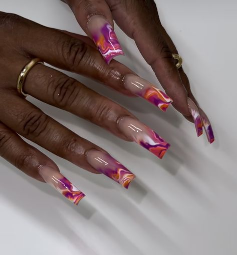 Purple And Orange Nail Designs, Paint Drip Nails, Fall Marble Nail Designs, Purple Orange Nails, Orange And Green Marble Nails, Orange Pink Purple Nails, Fall Marble Nails, Purple And Red Nails, Orange Marble Nail Designs