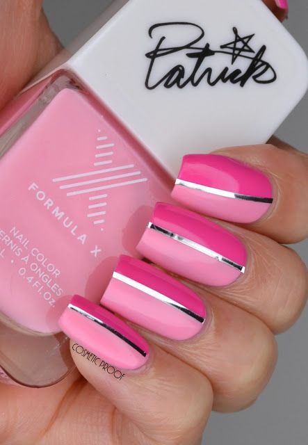 Stripe Nails Acrylic, Multi Pink Nails Color Combos, Nails With Metallic Stripe, Pink Stripe Nails, Fuchsia Nails Design, Pink And White Striped Nails, Pink Strip Nails, Pink Chevron Nails, Tape Nail Art