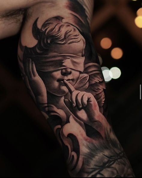 Baptist Tattoo, Chicano Sleeve Tattoo, Cherubs Tattoo, Chicano Tattoo Design, Hand Tattoo Designs, Bicep Tattoo Men, Inner Bicep Tattoo, Cherub Tattoo, Evil Tattoo