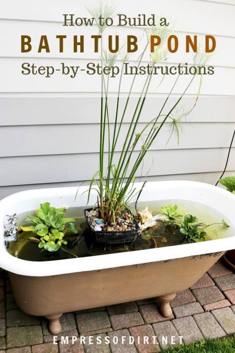 How to make a pond from an old bathtub. Create your own little container fish pond. #gardenpond #DIY #empressofdirt Bathtub Fish Pond, Container Fish Pond, Bathtub Pond, Bath Pond, Claw Foot Bathtub, Garden Bathtub, Old Bathtub, Mini Pond, Fish Pond Gardens