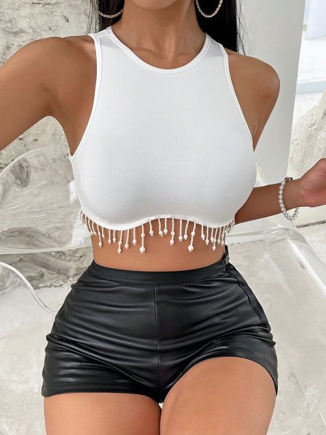 Blanco Casual Collar  Tela Liso Tank Embellished Elástico Alto Fiesta Outfit, Face Shape Hairstyles, Rhinestone Fringe, Clip Hairstyles, Crop Top Outfits, Crop Tank Top, Top Tank, Fringe Trim, Tank Top Cami