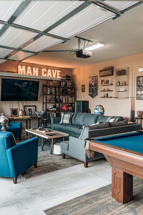 Man Cave Ideas in garage Upstairs Man Cave Ideas, Turn Garage Into Man Cave, Simple Man Cave Ideas, Small Man Cave Ideas On A Budget, Man Cave Lounge Ideas, Garage Chill Space, Garage Game Room Ideas, Motorcycle Man Cave Ideas, Man Cave Garage Ideas