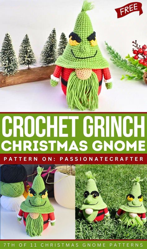 Crochet Grinch gnome Crochet Christmas Grinch, Crochet Grinch Gnome, Grinch Hat Crochet Pattern Free, Crochet Grinch Hat Pattern Free, Grinch Amigurumi Free Crochet, Crochet Grinch Hat Pattern, Crochet Grinch Pattern Free, Grinch Crochet Pattern Free, Crochet Christmas Gnome