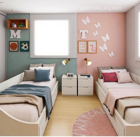 Twin Bedroom Idea, Bedroom For Twins, Twins Baby Shower Ideas, Twin Bedroom Ideas, Bedroom Ideas Bed, Shower Bed, Boy And Girl Shared Room, Unisex Kids Room, Rooms Aesthetic