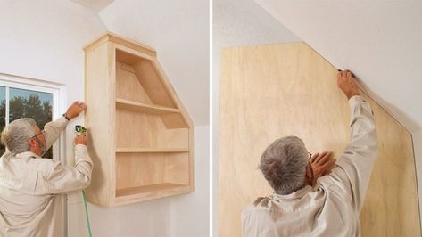 Built-ins for Odd Spaces - Fine Homebuilding Room Above Garage, Pitched Ceiling, Angled Ceiling, Build A Fireplace, Plywood Shelves, Bookcase Door, Slanted Ceiling, Window Trim Exterior, Built In Cabinet