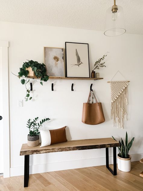 Entryway Table Design Ideas, Entry Way Bench With Mirror Above, Minimal Cozy Home Decor, Boho Closet Wallpaper, Benches In Bedroom Against Wall, Narrow Hallway Bench Ideas, Floating Shelves With Hooks, Decorative Hooks Wall, Small Entry Way Ideas With Bench