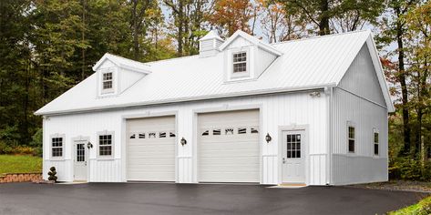 Pole Building Garage, Garage Building Plans, Pole Barn Shop, Color Visualizer, Building Color, Metal Garage Buildings, Metal Shop Building, Pole Barn Garage, White Siding