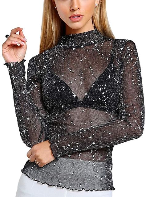 Glitter Mesh Top, Slim Blouse, Sheer Long Sleeve Top, Sheer Mesh Top, Mesh Tops, Mesh Blouse, Mesh Long Sleeve, Long Sleeve Tees Women, Women Shirts Blouse