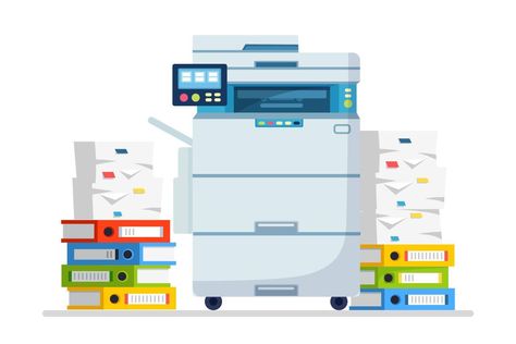 Printer, office machine with paper, document stack. Scanner, copy equipment. Paperwork. Multifunction device. Vector cartoon design Office Machine, Coworking Office, Illustration Story, Multifunction Printer, Copy Paper, Documents Organization, Printer Scanner, Printer Paper, Scanners