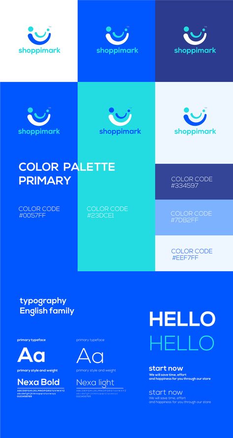 shoppimark logo&identity on Behance Typography Logos Ideas, Blue Logo Palette, Teal Brand Identity, Brand Identity Logo Design, Blue Logo Design Ideas, Light Blue Branding Design, Colorful Logo Design Ideas, Digital Company Logo, Health Color Palette