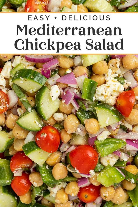 This Mediterranean-style chickpea salad is light yet filling, tangy and vibrant, and oh-so-easy to make. Tender chickpeas are complimented by fresh cucumbers, red onion, cherry tomatoes, bell pepper, and basil, all coated in a simple homemade vinaigrette. It's a 10-minute, no-cooking-required dish that's perfect for potlucks, meal prep, or anytime you feel like eating something delicious and refreshing. Salad Mediterranean, Inflammatory Meals, 40 Aprons, Homemade Vinaigrette, Mediterranean Chickpea, Mediterranean Chickpea Salad, Chickpea Salad Recipes, Chick Pea, Lost 100 Pounds