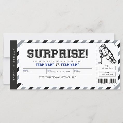 Surprise Hockey Game Gift Ticket Template Surprise Hockey, Vehicles Party, Game Ticket, Basketball Tickets, Construction Theme Party, Surprise Birthday Gifts, Game Tickets, Ticket Design, Hockey Game