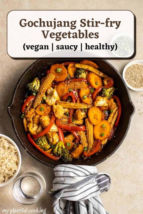 Korean Gochujang Stir-fry Vegetables Korean Veggie Stir Fry, Gochujang Stir Fry Sauce, Korean Stir Fry Vegetables, Korean Veggie Recipes, Gochujang Recipe Vegetarian, Gochujang Vegetables, Veg Stir Fry Recipes, Gochujang Stir Fry, Korean Stir Fry Sauce