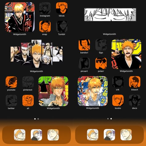 Bleach Themed Phone, Bleach App Icons, Bleach Homescreen Layout, Manga Homescreen Layout, Bleach Homescreen, Bleach Widget, Anime Ios Layout, Anime Iphone Layout, Anime Homescreen Layout