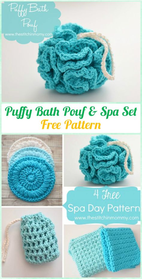 Crochet Puffy Bath Pouf & Spa Set Free Pattern - Crochet Spa Gift Ideas Free Patterns Spa Gift Ideas, Crochet Bathroom, Crochet Scrubbies, Face Scrubbies, Crochet Washcloth, Spa Set, Crochet Kitchen, Crochet Dishcloths, Spa Gift