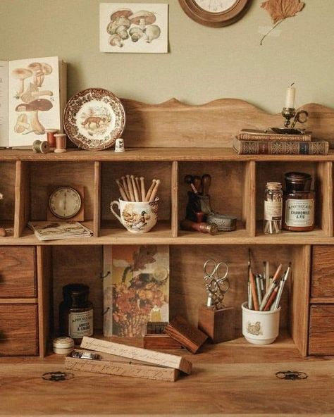 Hobbitcore Interior, Vibe Bedroom, Cottagecore Home, Wooden Shelf, Craft Room Office, Desk Set, Room Aesthetic, Decor Vintage, Aesthetic Room