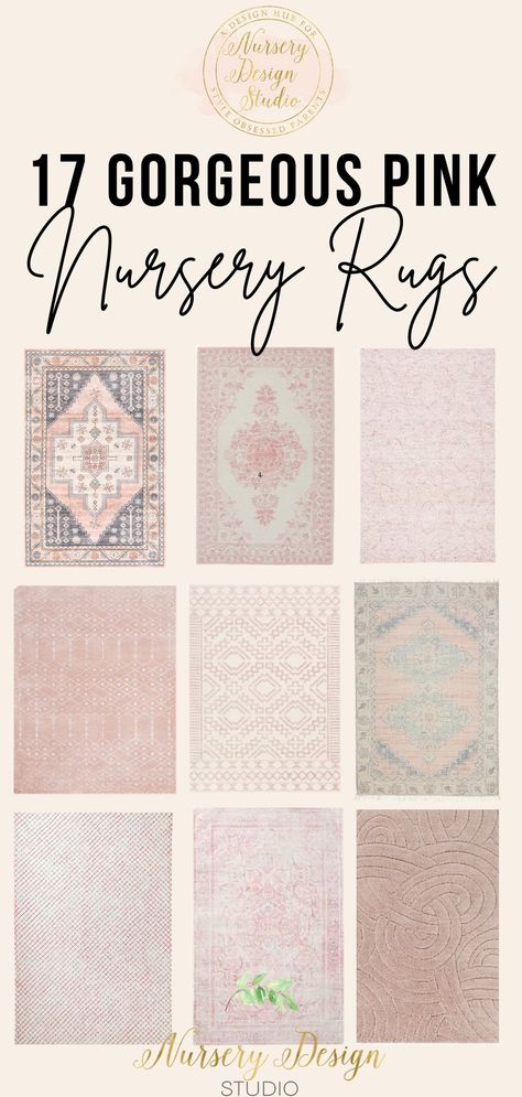 Gold And Blush Nursery, Nursery With Pink Rug, Pops Of Pink Nursery, Blush And Cream Nursery, Pink Nursery Rug Ideas, Pink Rug For Nursery, Pink Traditional Nursery, Blush Nursery Rug, Rug Over Carpet Nursery