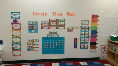 PreK Circle Time Wall Circle Time Wall Preschool, Circle Time Area Set Up, Circle Time Wall Ideas For Toddlers, Prek Circle Time, Circle Time Wall, Circle Time Board, Childcare Ideas, Dramatic Play Themes, Classroom Job