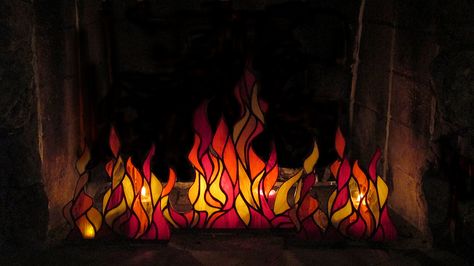 Stained glass fire in the fireplace Stained Glass Flames Fire, Stained Glass Fireplace, Fire Stained Glass Pattern, Stained Glass Fire, Stained Glass Fireplace Screen, Glass Fireplace Screen, Fire Flames, Glass Fireplace, Fireplace Screen