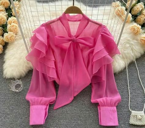 Women Ruffle Blouse, Barbie Vibes, Lace Bows, Cute Bow, Fashion Design Clothes, African Fashion Dresses, Chiffon Top, Blouse Styles, Fashion Sewing