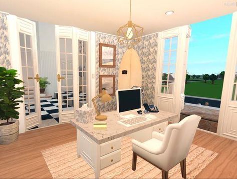 A coastal home office built by me in bloxburg. (*HEAVILY* inspired by ellierxsesa on insta and youtube) Bloxburg Study Room Ideas Modern, Blocksburg Coastal House Ideas, Preppy Bloxburg House Interior, Office Ideas In Bloxburg, Cute Bloxburg Office, Bloxburg Family Beach House, Coastal Mudroom Bloxburg, Coastal Blocksburg House Layout, 3x3 Bloxburg Office