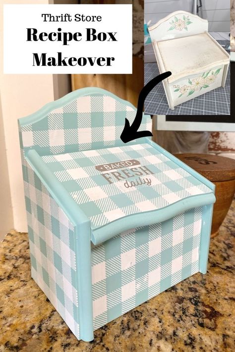 Recipe Box Makeover from the thrift store Recipe Box Makeover, Rustic Candle Holders Diy, Rustic Candles Diy, Diy Thrift Store Crafts, Recipe Organizer, Box Makeover, Shabby Chic Wreath, Thrift Store Furniture, Thrift Store Crafts