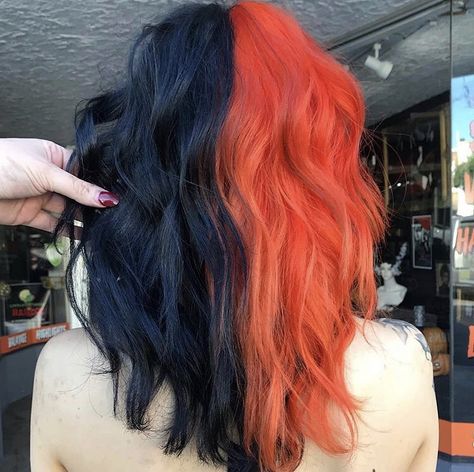 Black And Peach Hair, Fall Split Dye Hair, Half Black Half Rainbow Hair, Black And Orange Hair Split, Half Orange Half Black Hair, Orange And Black Split Dye, Half Black Half Orange Hair, Black And Copper Hair, Black And Orange Hair