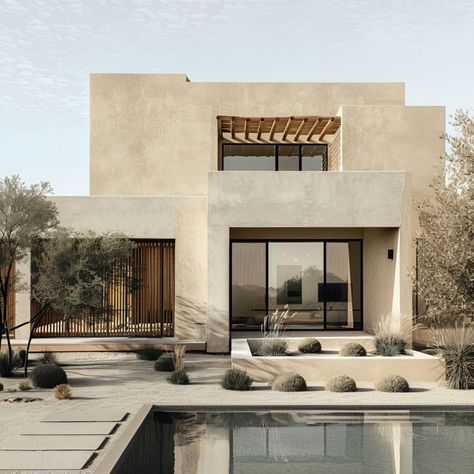 Experience the serene elegance of this modern minimalist Pueblo-style home. Featuring smooth adobe walls, clean geometric lines, and large windows, this residence embodies contemporary Southwestern architecture. The minimalist landscaping, with a tranquil pool and native desert plants, enhances the home's connection to its natural surroundings. This stylish retreat offers a fresh take on classic Pueblo design, creating a peaceful and elegant living environment. Modern Ibiza Villa, Contemporary Desert Homes, Modern Adobe Interior, Classic Modern Architecture, Modern Traditional Architecture, Modern Mexican Villa, Modern Arizona Home, Two Story Modern House Plans, Southwestern Home Exterior