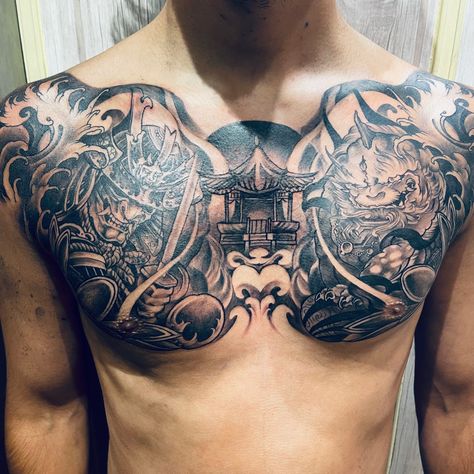 Chest Tattoo Japanese Men's, Japanese Tattoo Chest Men, Japanese Style Chest Tattoo, Traditional Japanese Chest Tattoo, Chest Sleeve Tattoo Men, Japanese Chest Tattoo Design, Japanese Chest Tattoo, Tato Men, Chest Tattoo Japanese