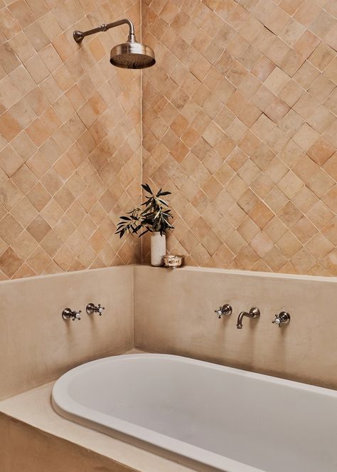 Nude Bathroom, Primary Bathrooms, Mission Style Homes, Moroccan Riad, Tile Walls, Square Tiles, Melbourne House, Zellige Tile, Casa Container