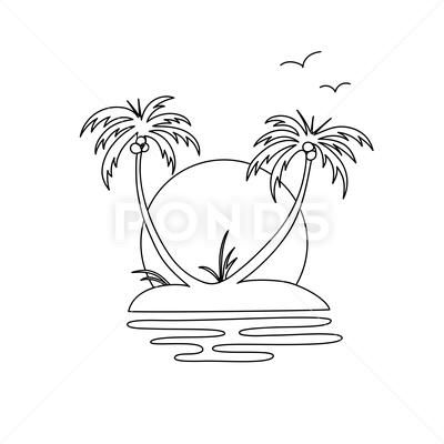 Hand line drawing of an oasis island with two palm trees, sunset and birds. Stock Illustration #AD ,#oasis#island#drawing#Hand Hand Line Drawing, E.t Drawing, Tree Drawing Simple, Drawing Sunset, Palm Tree Drawing, Beach Drawing, Palm Tree Sunset, Hand Lines, Awesome Tattoos